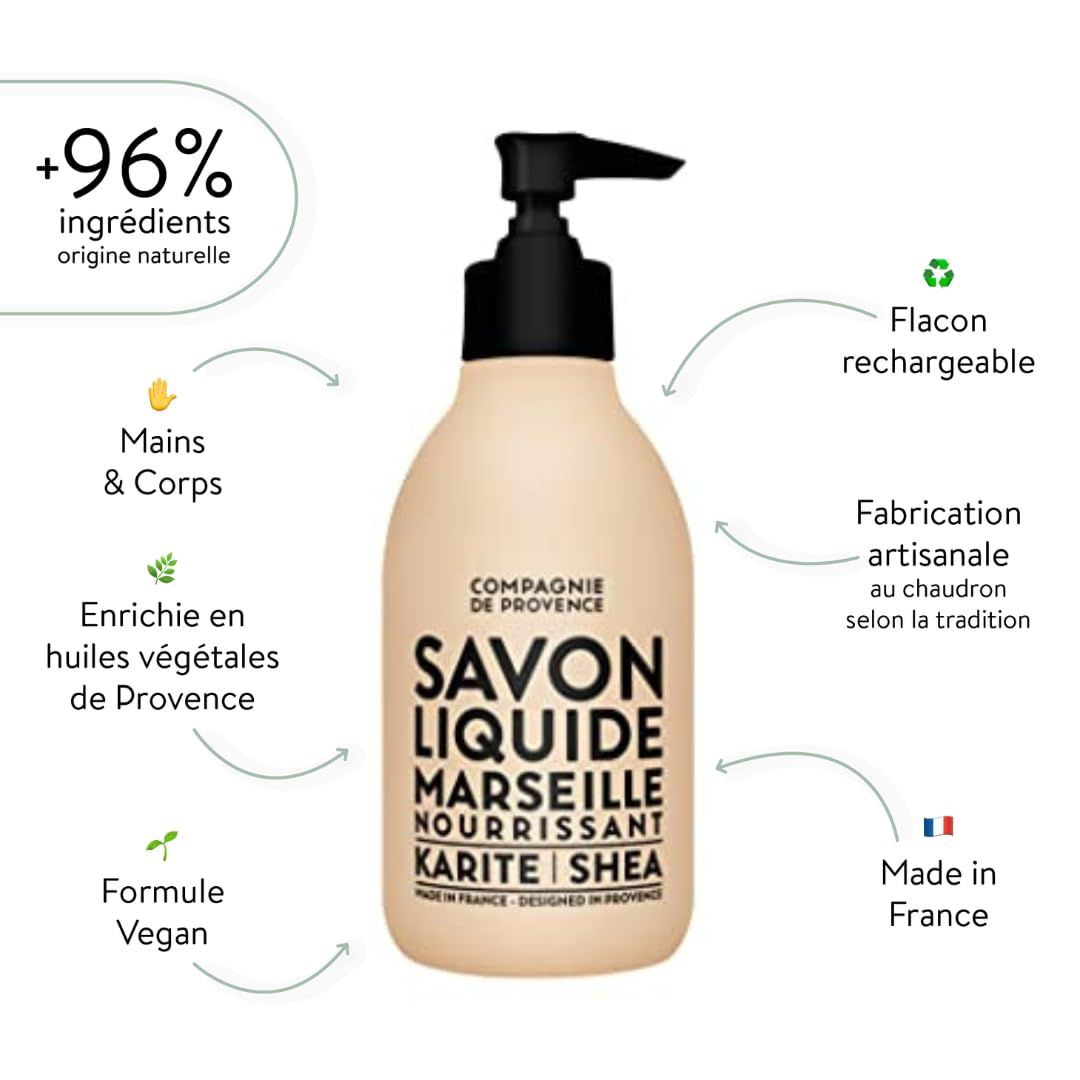 Beige Flasche mit schwarzem Pumpkopf. Text: Savon Liquide Marseille Nourrissant Karité Shea. Zusätzliche Grafiken.