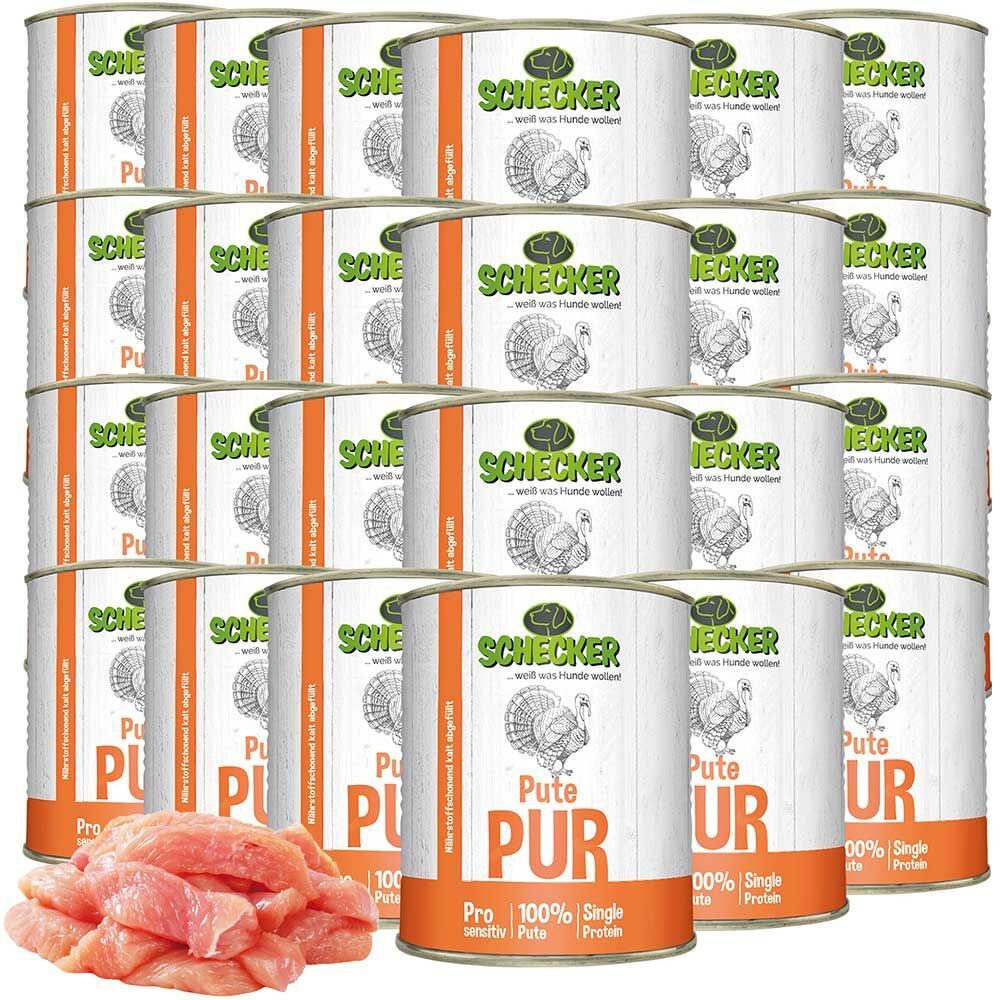 Mehrere Dosen Nassfutter Pute PUR, mit Fleischstücken. Aufschrift: Schecker, Pute PUR, 100% Pute, Single Protein.