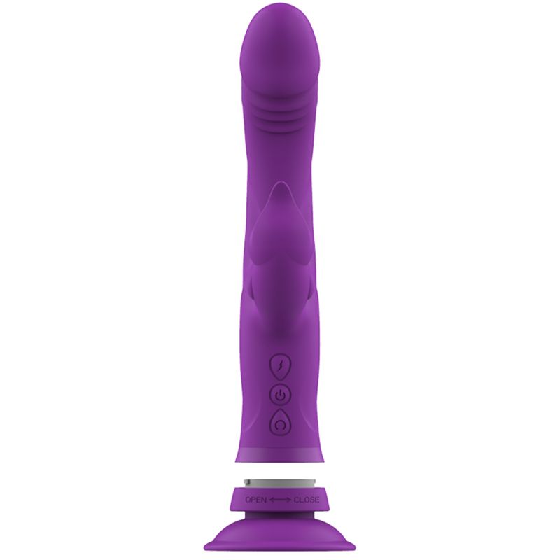 Lila Vibrator mit runder Basis und drei Knöpfen. Das Produkt hat eine gerade Form.