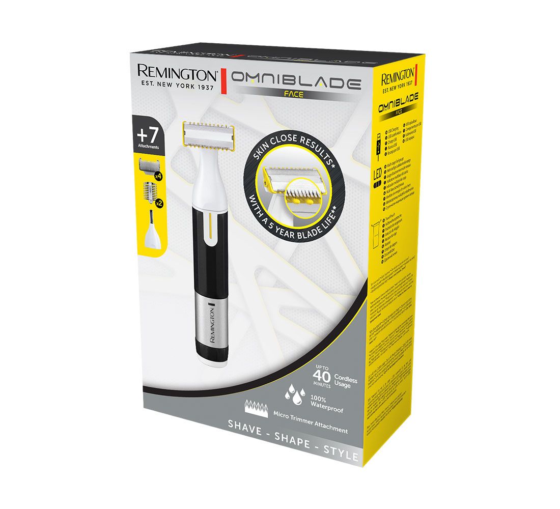 Verpackung mit Trimmer und Zubehör. Auf der Verpackung steht Remington OMNIBLADE FACE.