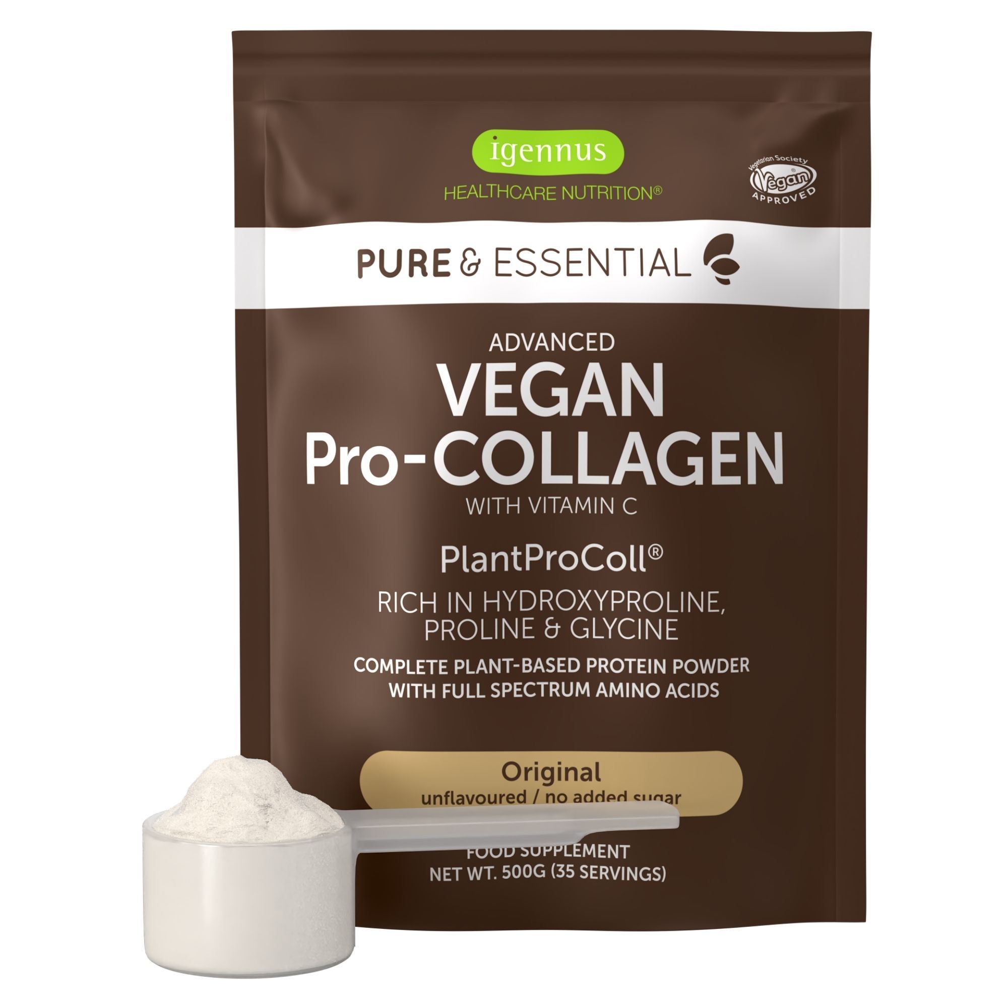 Packung veganes Kollagenpulver mit Messlöffel, 'Igennus' Logo und 'Vegan Pro-Collagen' Schriftzug.