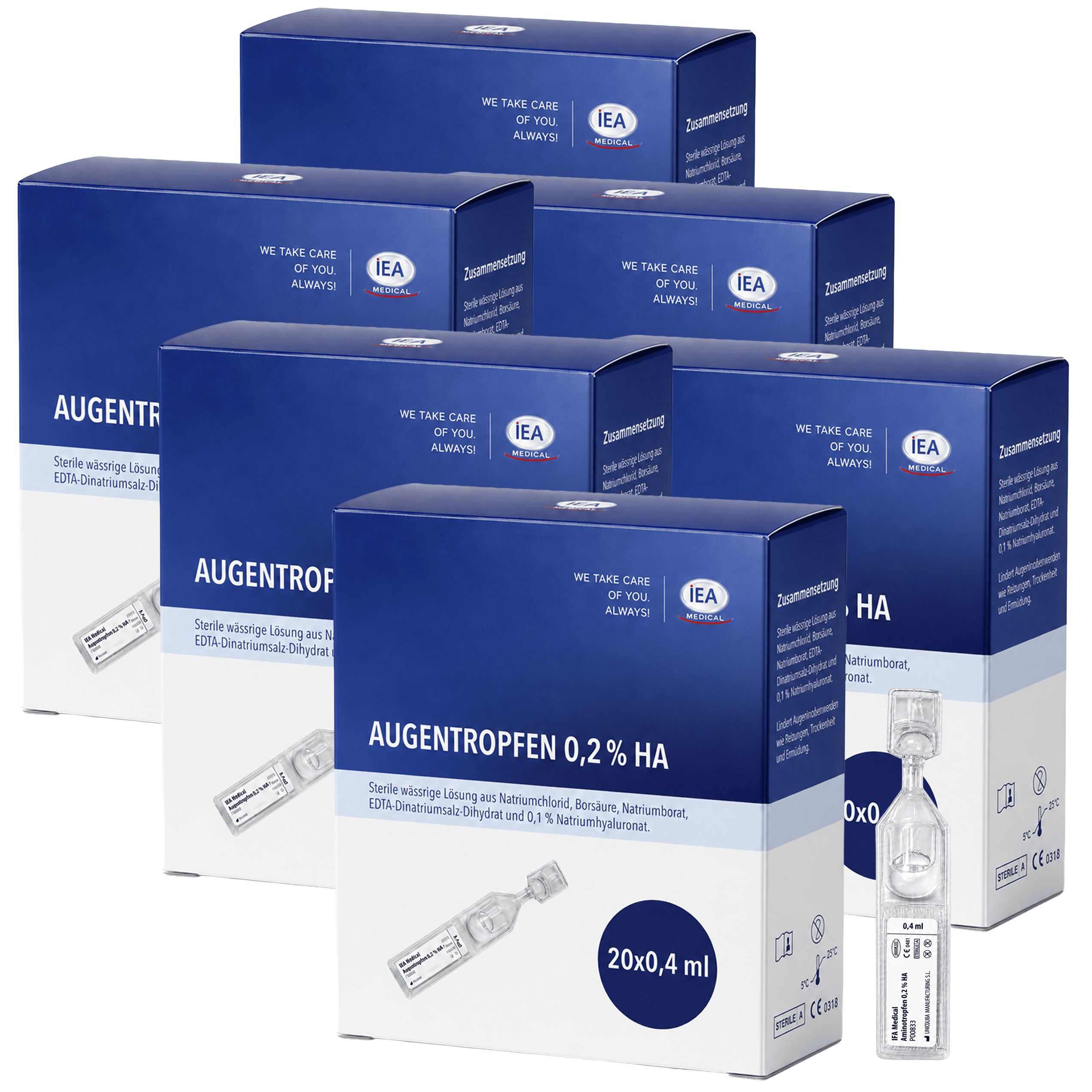 IEA Medical Augentropfen 0,2% HA, Packung mit 6x (20x0,4ml Einzeldosisbehältern).