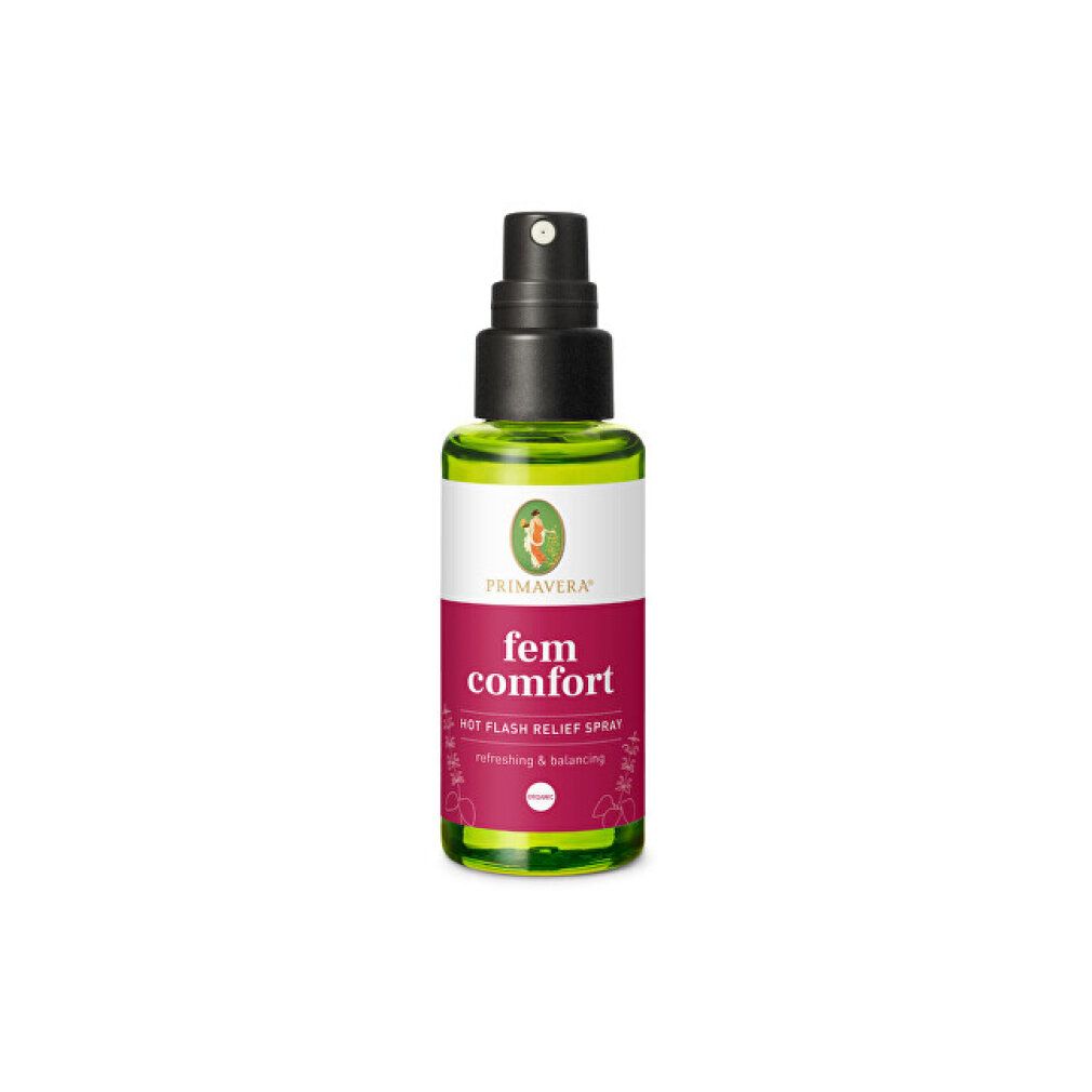 Grüne Glasflasche mit Sprühkopf. Etikett mit PRIMAVERA, fem comfort, Hot Flash Relief Spray.
