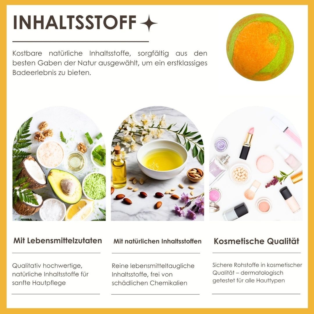Inhaltsstoffe: Zutaten für Lebensmittelqualität, natürliche Inhaltsstoffe, kosmetische Qualität. Text: Hochwertige Inhaltsstoffe.