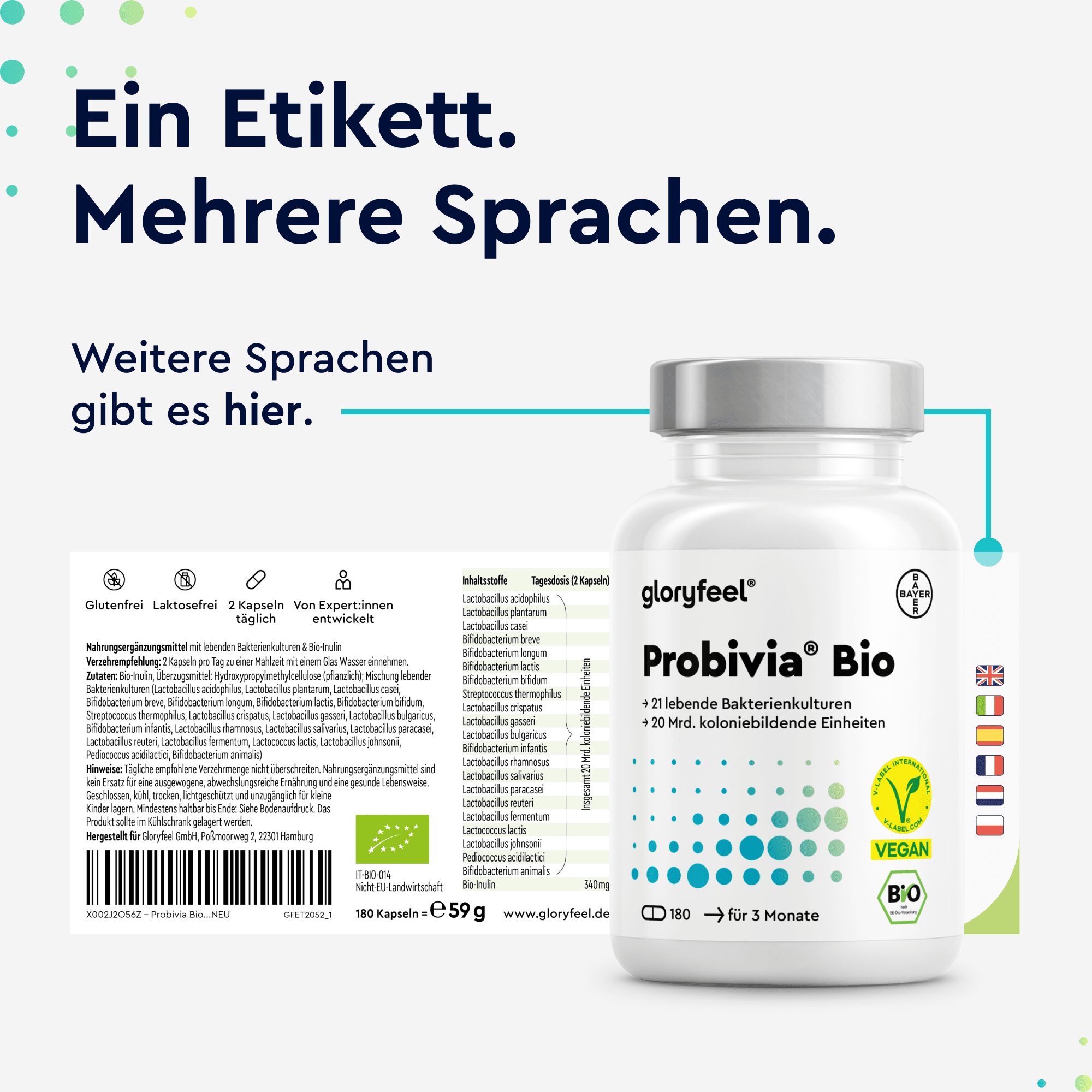 gloryfeel® Bio Probivia Kulturen Komplex mit 500 Mrd. KBE/g* - 21 Bakterienstämme + Bio-Inulin