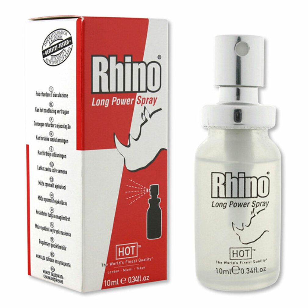 Produkt und Verpackung. Rhino Long Power Spray Flasche und Karton. Rote und weiße Farbgebung. 10ml.
