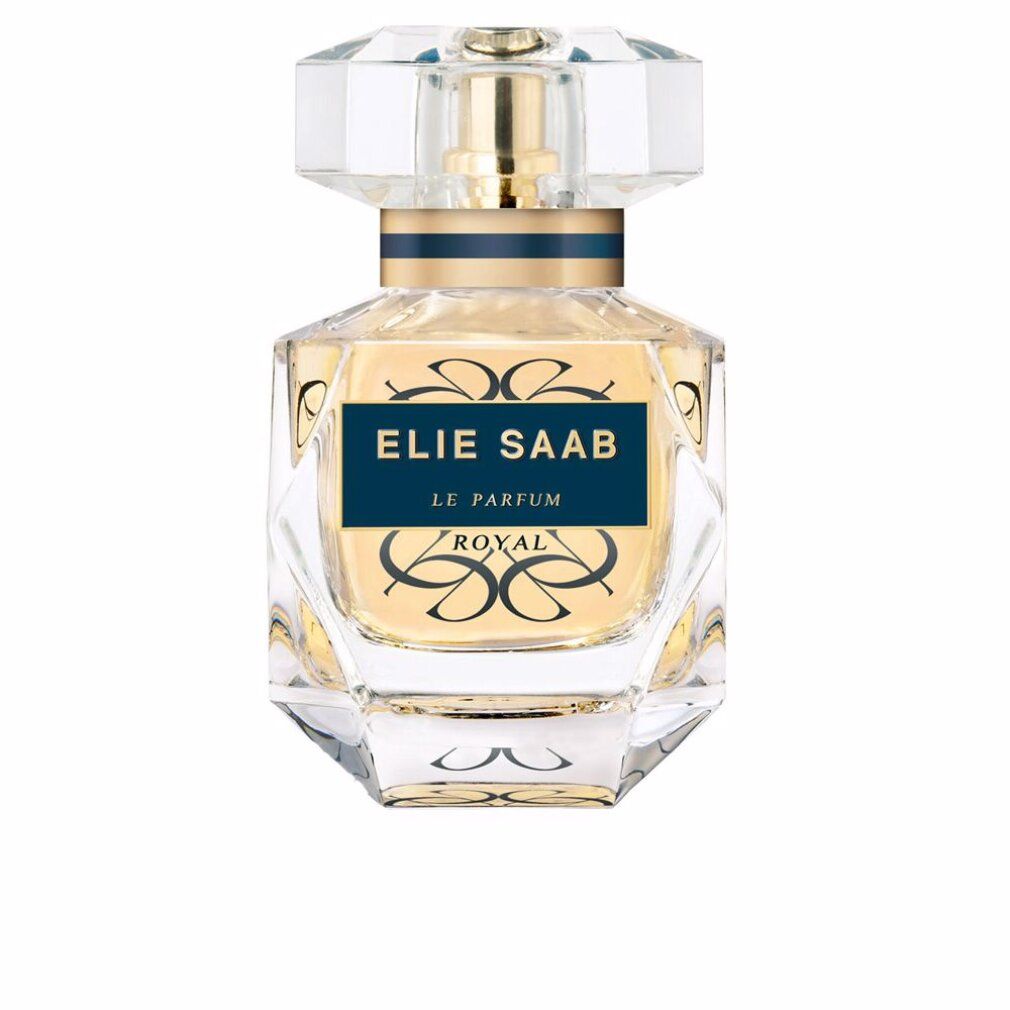 Parfümflakon mit goldfarbener Flüssigkeit. Klarer, facettierter Deckel. Aufschrift: ELIE SAAB LE PARFUM ROYAL.