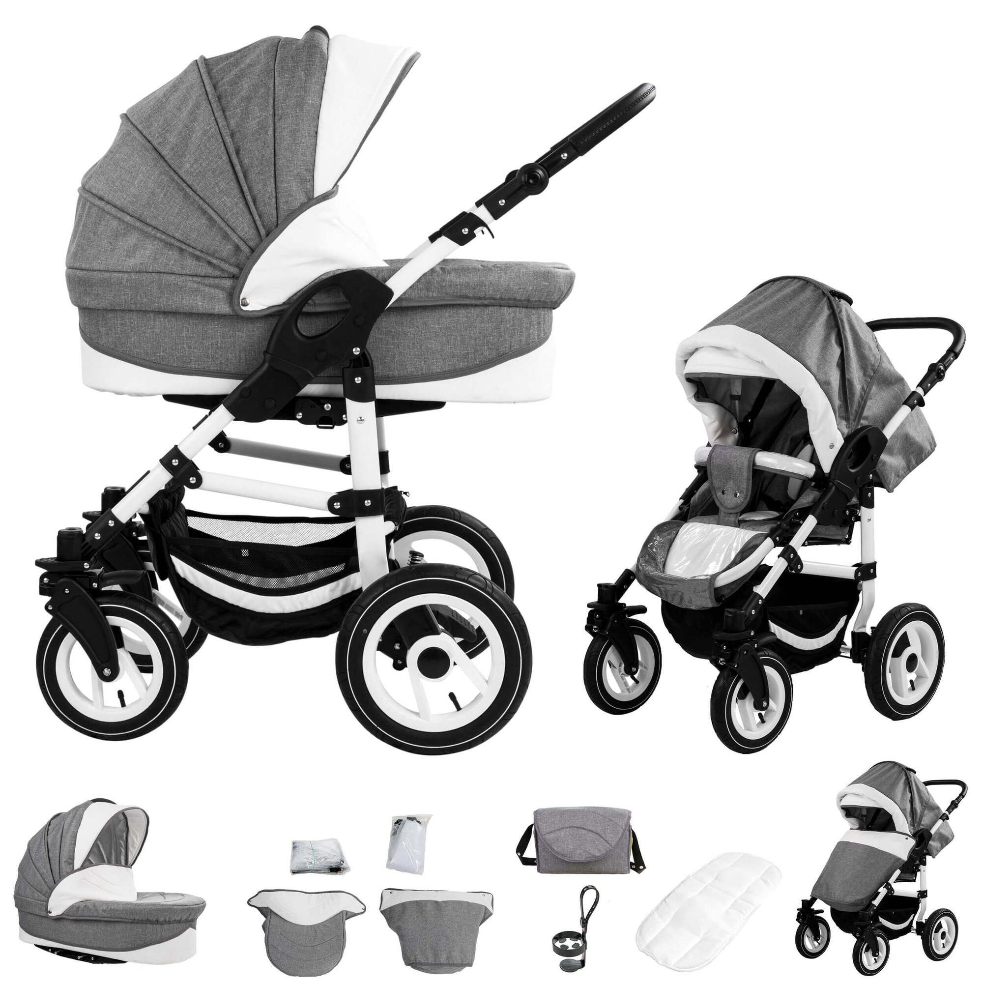 Kombikinderwagen mit Luftreifen, hellgrau-weiß. Zwei Konfigurationen, eine mit Babywanne, eine mit Sportsitz. Zubehör: Tasche, Abdeckung.