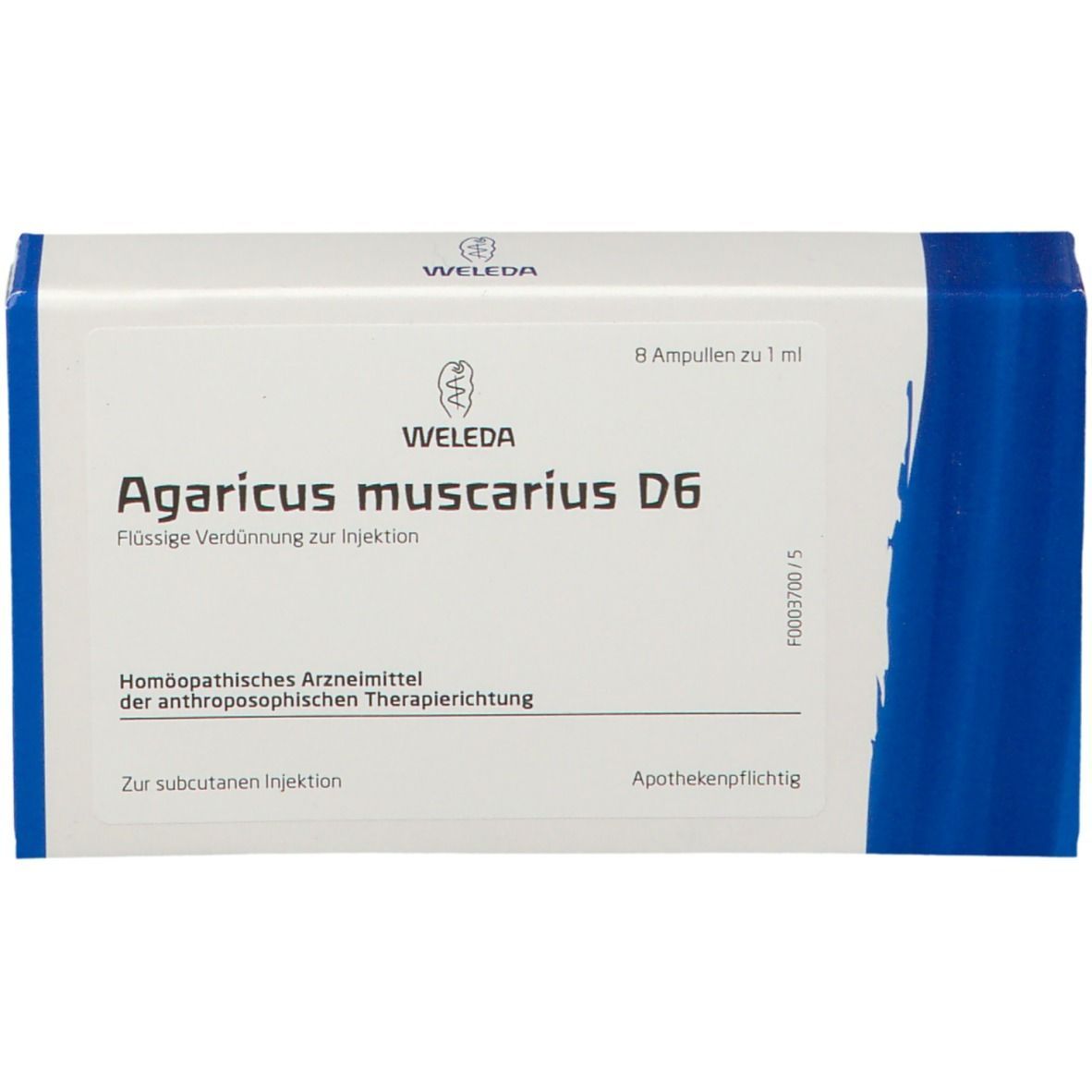 Weleda Agaricus muscarius D6. Weiße Schachtel mit blauen Akzenten. Text: Agaricus muscarius D6, 8 Ampullen, 1 ml.