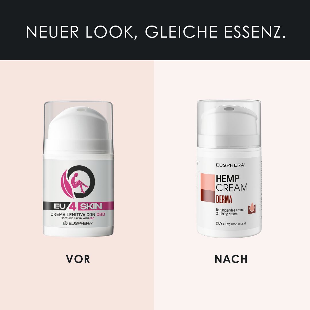 Vergleich von zwei Produktflaschen. Text: Neuer Look, gleiche Essenz. Vorher: EU4 SKIN. Nachher: HEMP CREAM DERMA.