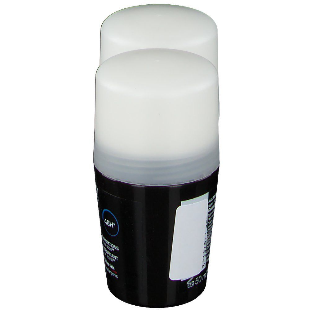 Deux déodorants roll-on noirs et blancs. Inscription 48H, Antitranspirant. Étiquette avec informations produit.
