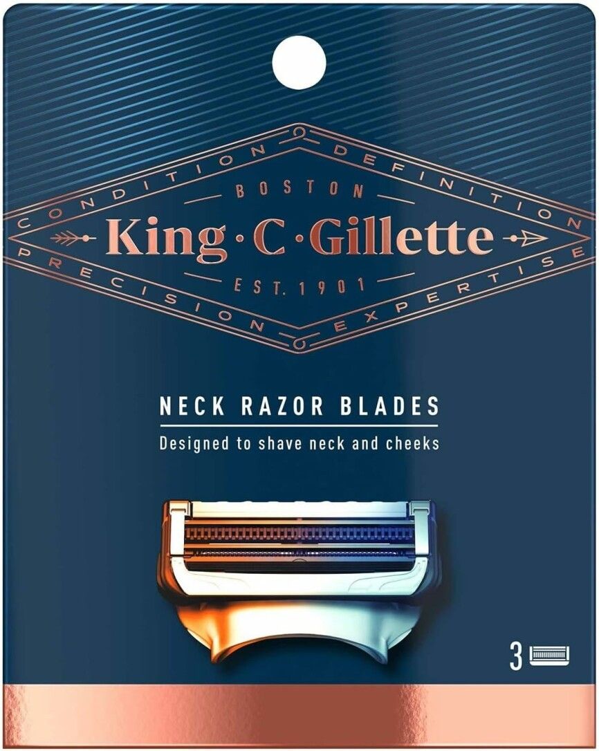 Verpackung mit Rasierklingen. Aufschrift: King C. Gillette. Enthält drei Klingen. Für Hals und Wangen.