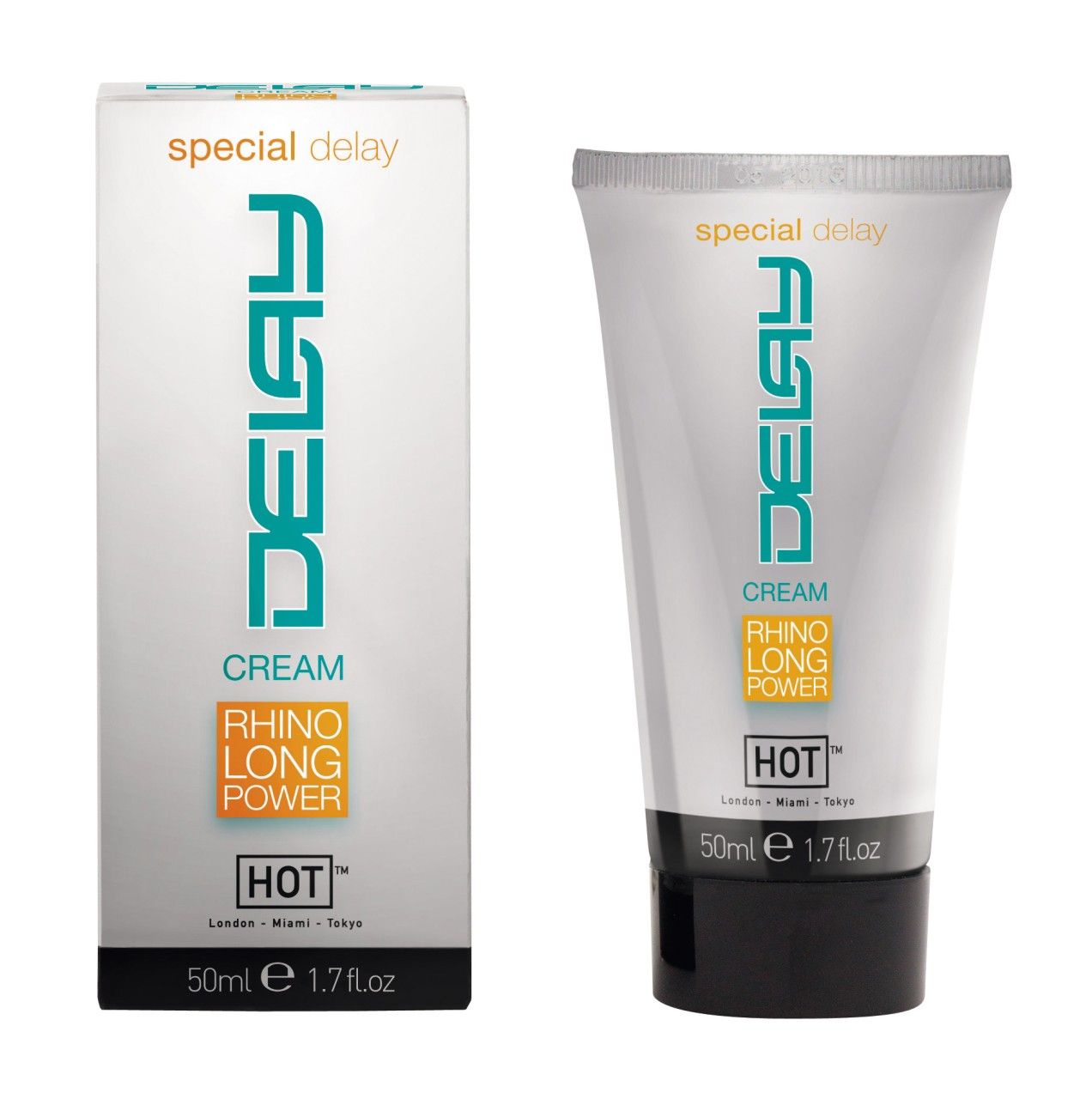 Produktverpackung: Tube und Schachtel. Text: DELAY CREAM, RHINO LONG POWER, HOT, 50ml, 1.7 fl.oz. 'special delay' oben.