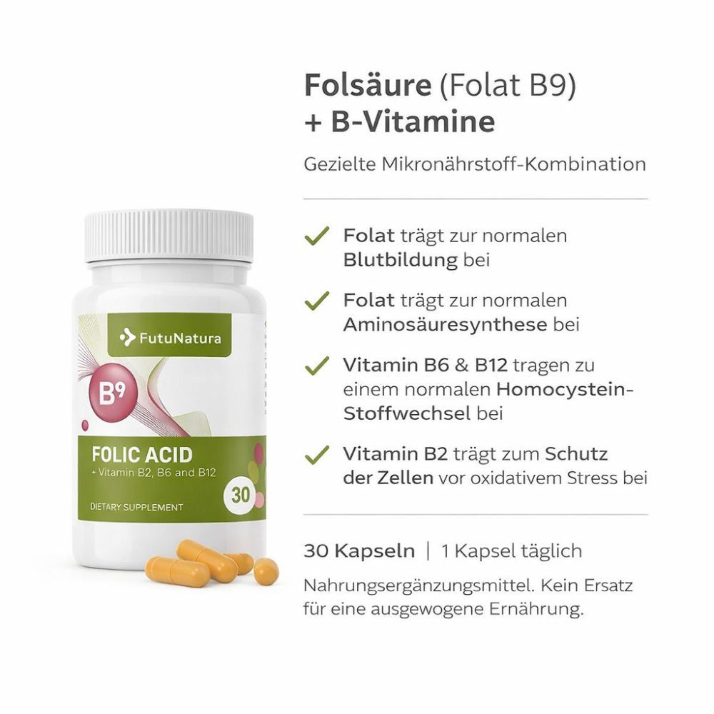 Produktflasche mit Text: Folsäure (Folat B9) + B-Vitamine. 30 Kapseln. 1 Kapsel täglich. Nahrungsergänzungsmittel.