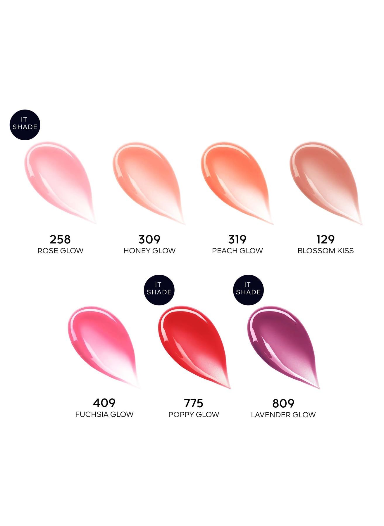 Acht Lippenbalsam-Farben in Tropfenform. Farbnummern und Namen sind angegeben: Rose Glow, Honey Glow, Peach Glow, Blossom Kiss, Fuchsia Glow, Poppy Glow, Lavender Glow.