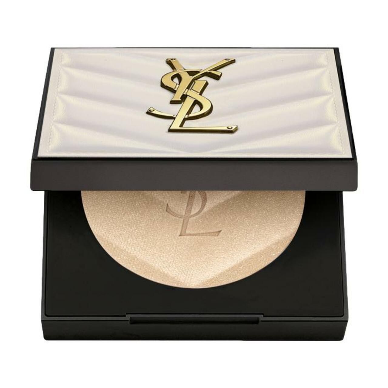 Highlighter-Palette. Schwarzer Behälter mit goldfarbenem YSL-Logo auf weißem Deckel. Geöffnet, Puder sichtbar. Goldfarbener Highlighter.