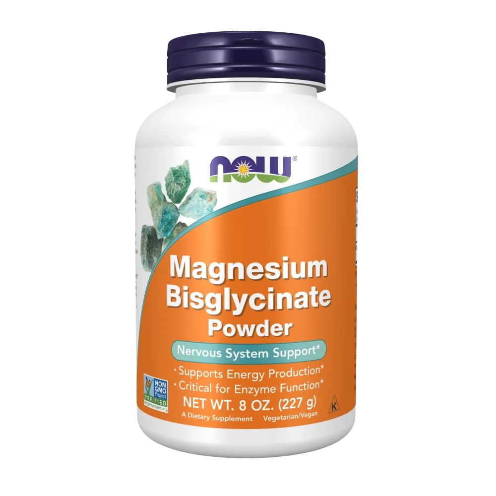 Weiße Flasche mit blauem Deckel. Aufschrift: Magnesium Bisglycinat Powder. Orangefarbener Streifen mit Text. Marke: NOW.