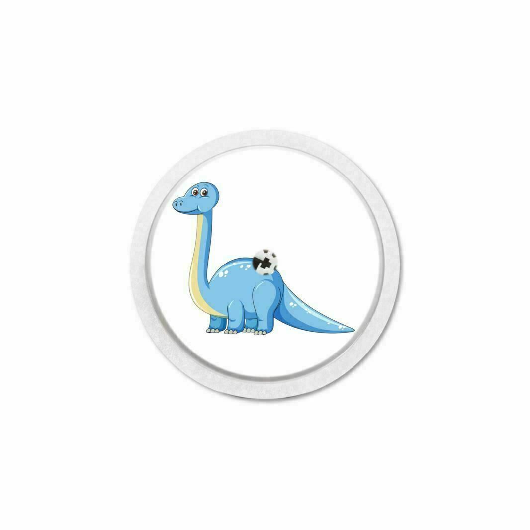 Runder Aufkleber mit einem blauen Brachiosaurus-Dinosaurier. Aufkleber für Freestyle Libre 1 & 2 Sensor.