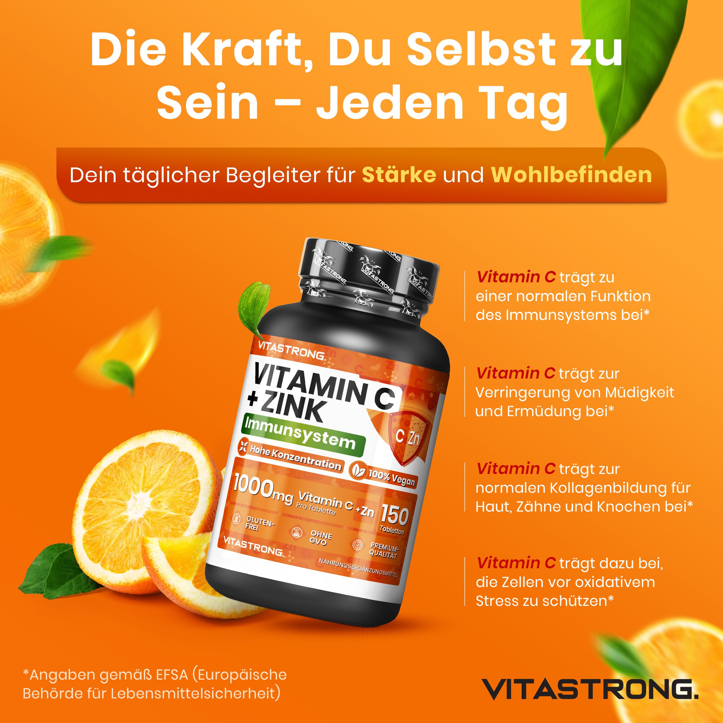 Vitastrong Vitamin C + Zink Flasche, Orangen. Text über die Vorteile für die Gesundheit.