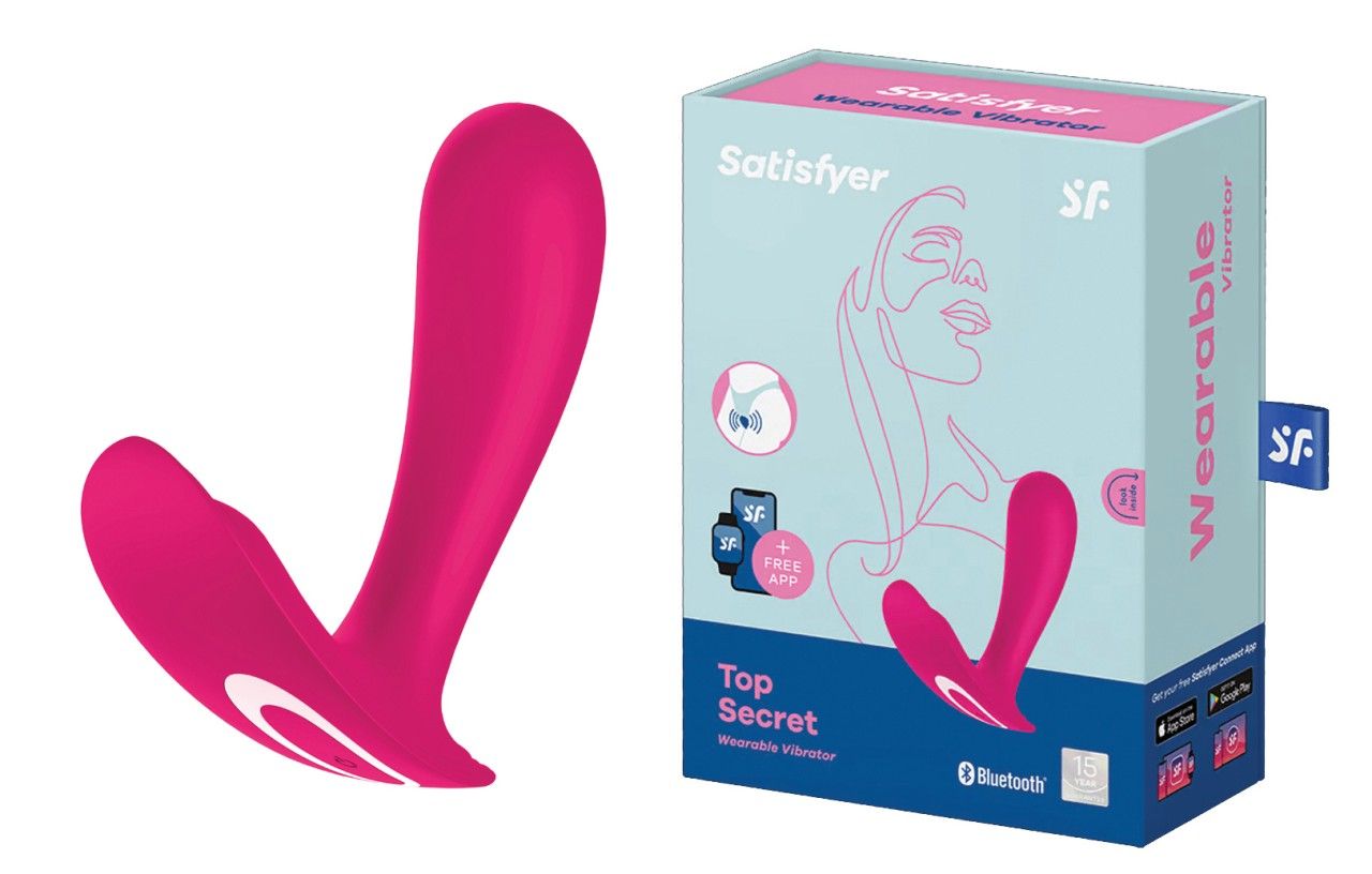 Rosa Vibrator neben Verpackung. Verpackung mit Produktabbildung, Schriftzug "Satisfyer Top Secret" und App-Logo.