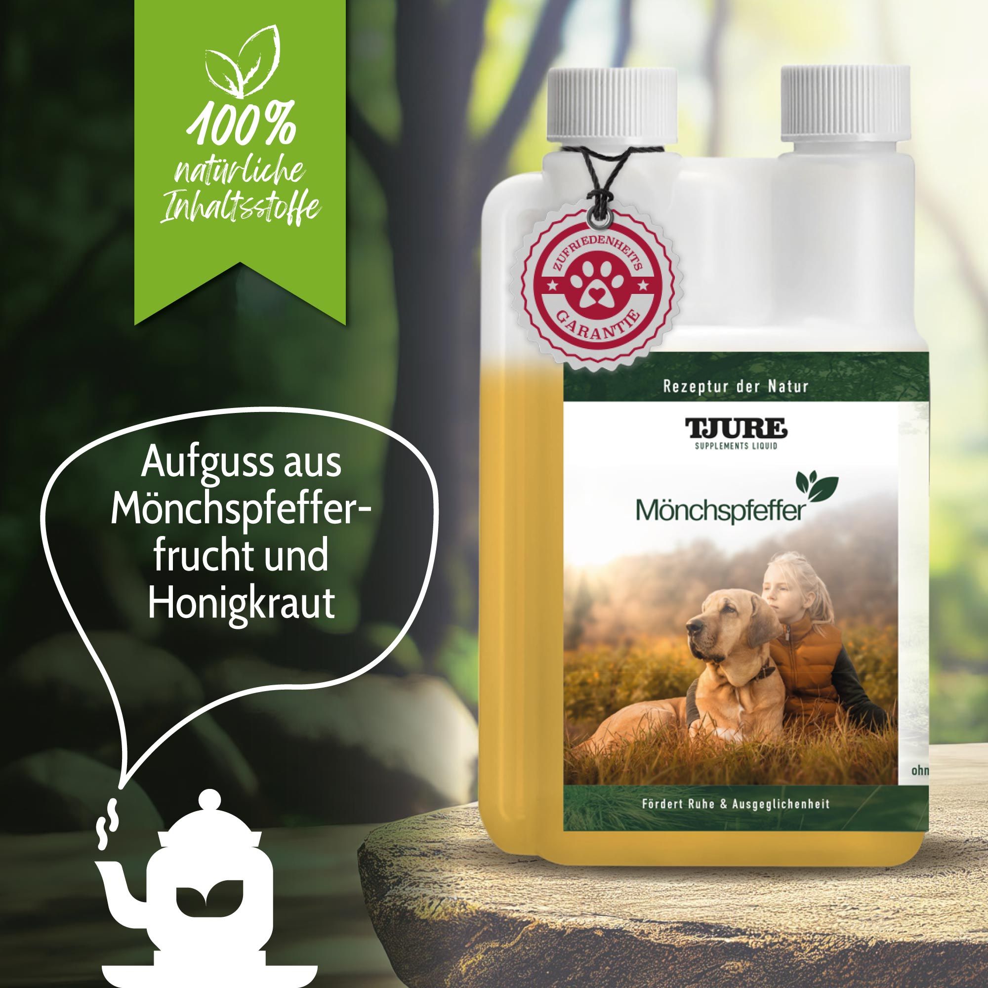 Doppelpack-Flasche mit gelber Flüssigkeit. Etikett mit Produktname, Logo und Abbildung von Hund und Kind. Text: Aufguss aus Mönchspfeffer-Frucht und Honigkraut. 100% natürliche Inhaltsstoffe.
