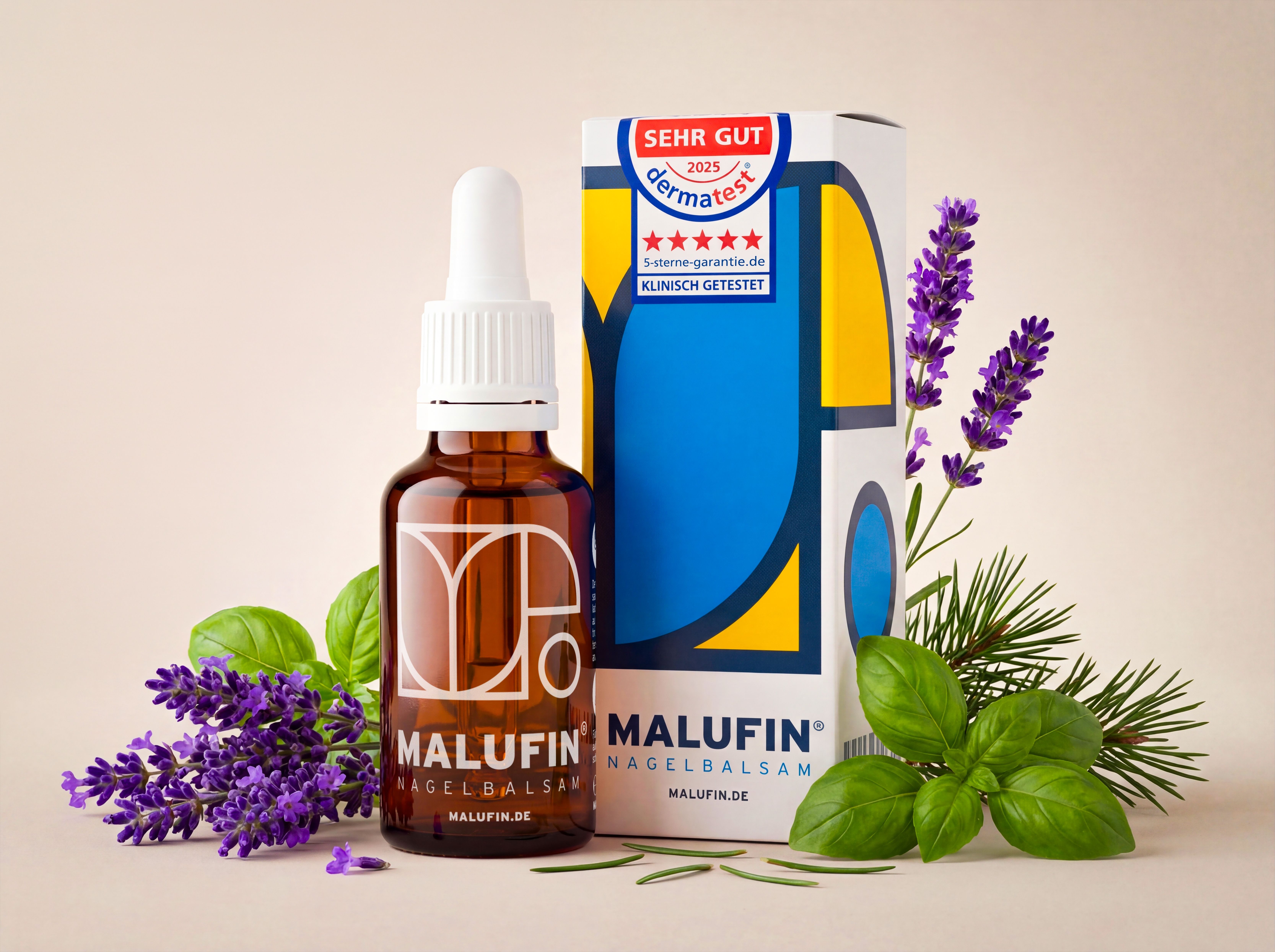 MALUFIN Nagelbalsam Flasche mit Pipette, Faltschachtel, Lavendel und Kräutern. "Dermatest" Siegel.