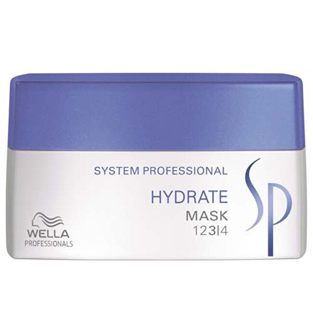 Weiß-blaue Dose mit Aufschrift "Hydrate Maske". Marke: Wella SP. Enthält Text in Deutsch, Englisch, Französisch und Italienisch.