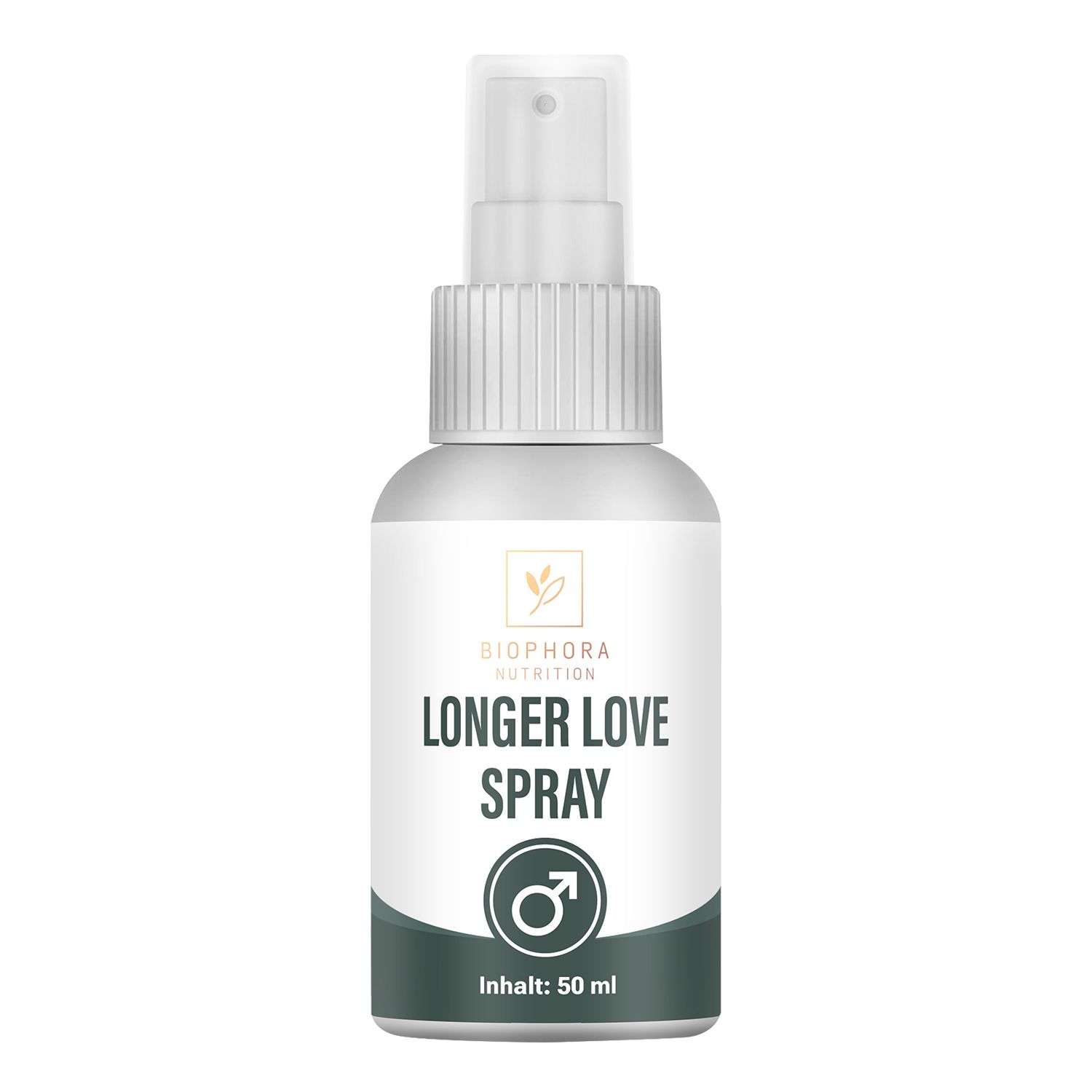 Sprayflasche mit weißem Etikett. Aufschrift: Biophora Nutrition, Longer Love Spray, Männlich-Symbol. Inhalt: 50 ml.