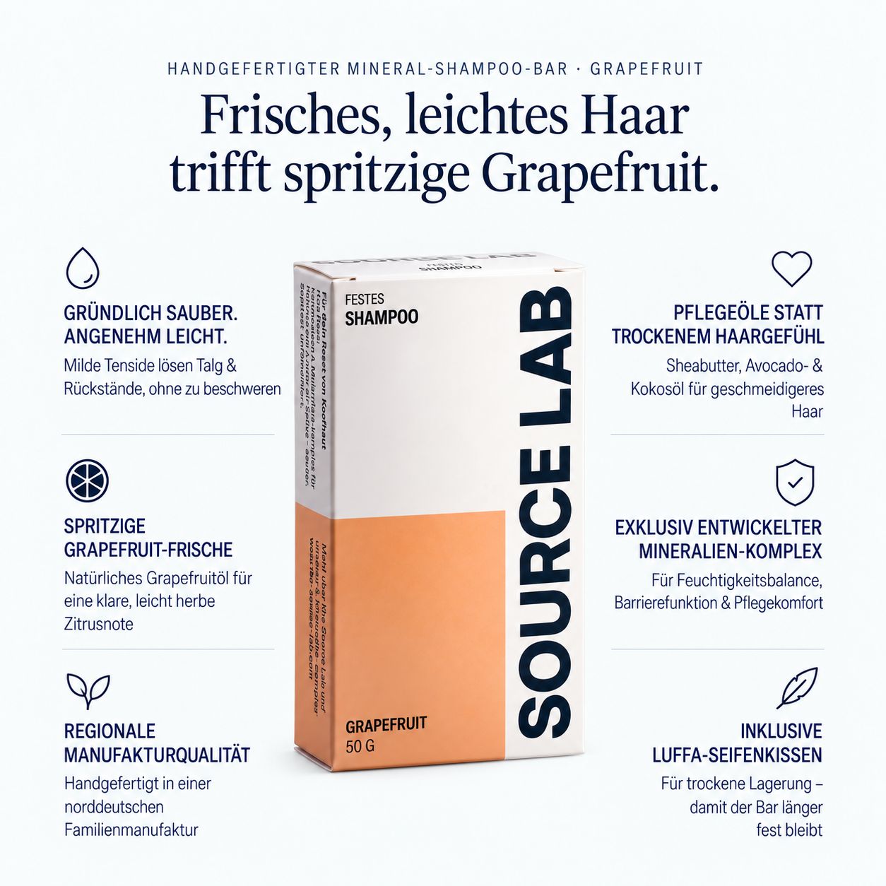 SOURCE LAB Festes Shampoo Grapefruit 50g, mit Mineralienkomplex und Luffa-Kissen.