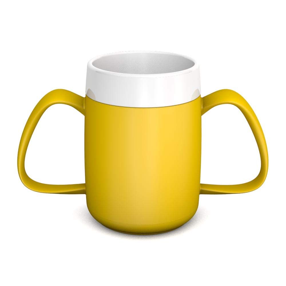 Gelber Becher mit zwei Henkeln und weißem Rand. Der Becher hat eine zylindrische Form.
