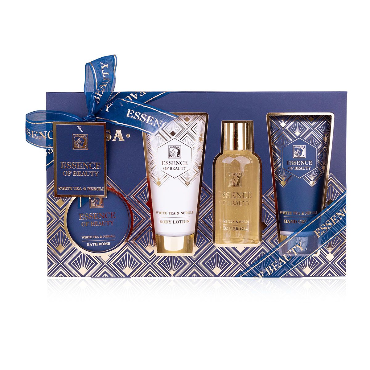 Geschenkset "Essence of Beauty". Enthält Badeprodukte in einer Geschenkbox mit Schleife. Produkte in Weiß, Blau und Gold.