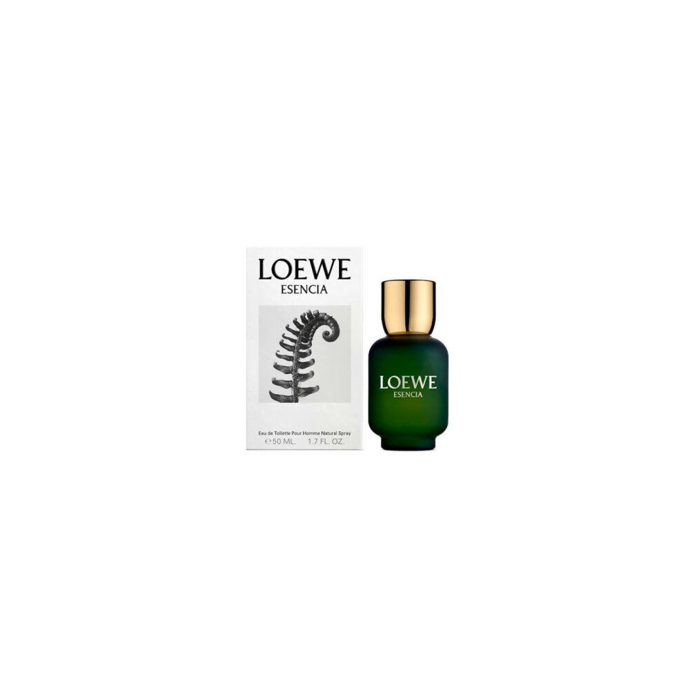 Verpackung und Flasche. Auf der Verpackung steht LOEWE ESENCIA. Flasche grün mit goldenem Verschluss.