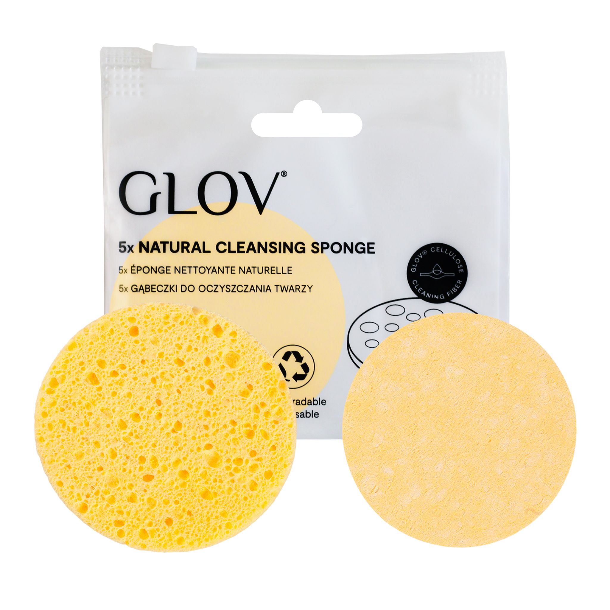 Verpackung mit fünf GLOW Natur-Reinigungsschwämmen und zwei einzelnen Schwämmen.