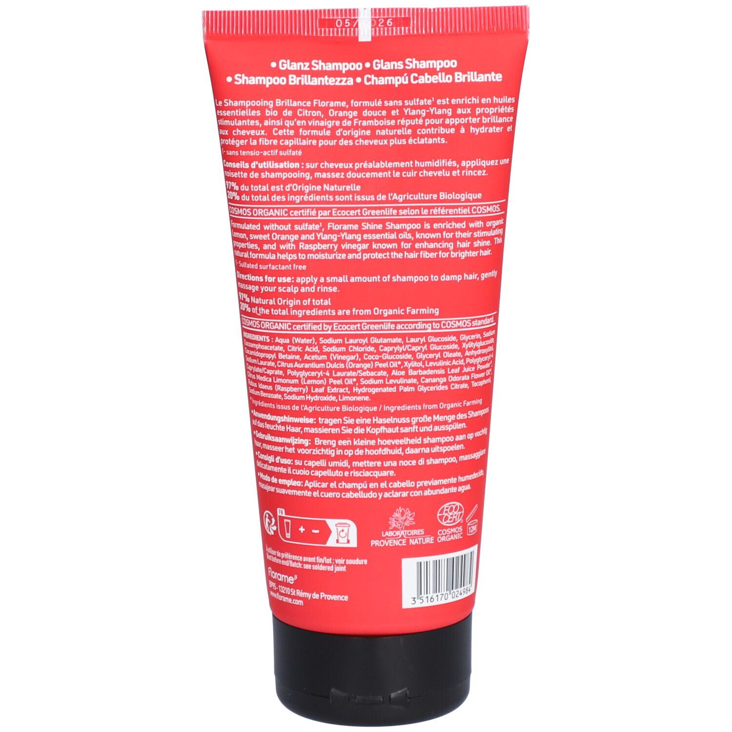 Rote Tube Florame Shampoo, Rückseite. Text: "Glanz Shampoo", Inhaltsstoffe, Zertifizierung.