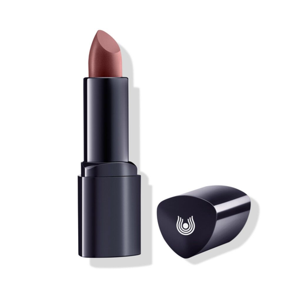 Lippenstift mit schwarzer Hülse und rosabrauner Spitze. Deckel daneben. Logo auf dem Deckel.