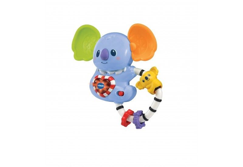 Blaues Koala-Rasselspielzeug mit bunten Ohren und einem Herz. Mit VTech-Logo. Ring mit bunten Ringen und einem gelben Koala.