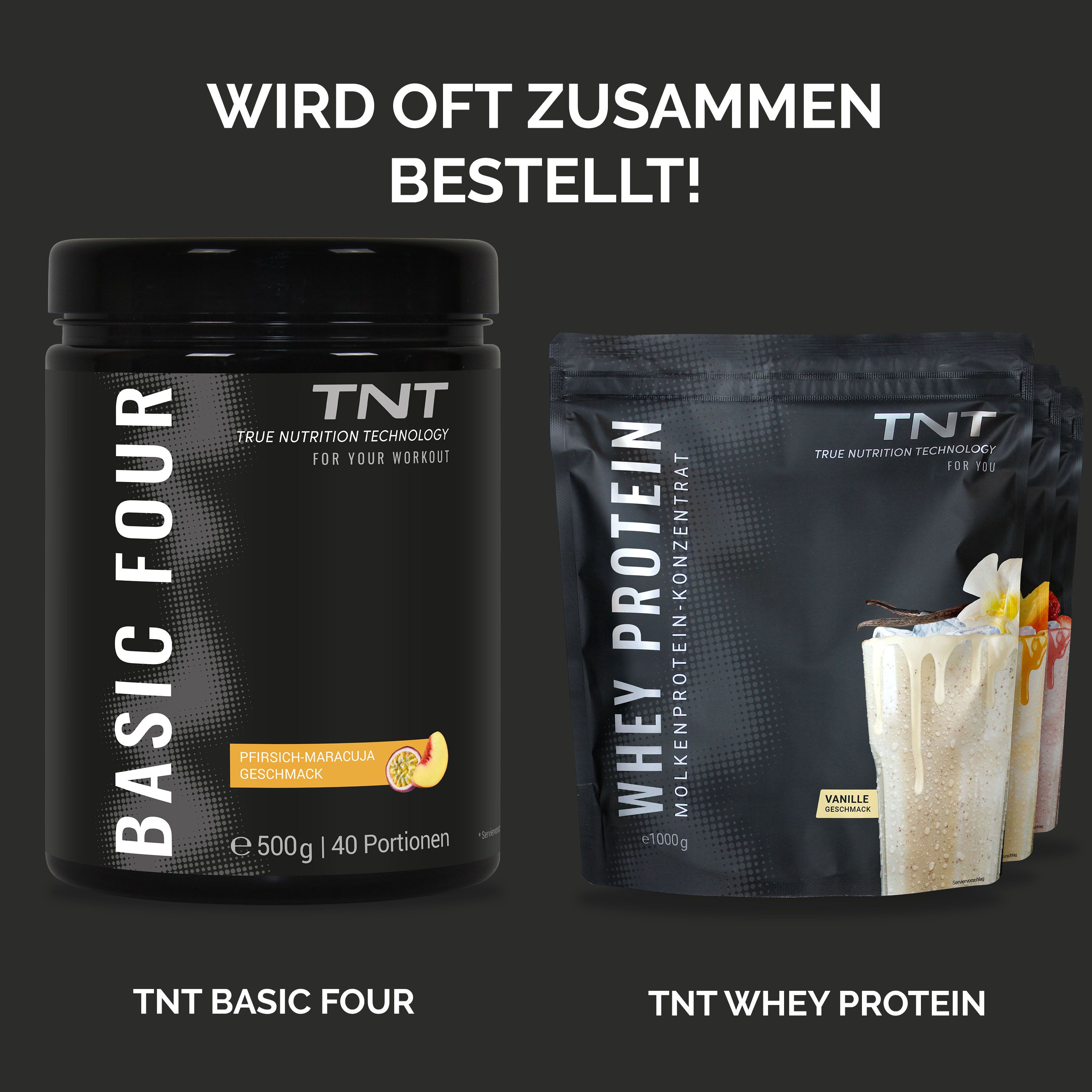 TNT BASIC FOUR und TNT Whey Protein. Text: Pfirsich-Maracuja Geschmack, Vanille. 500g, 1000g.