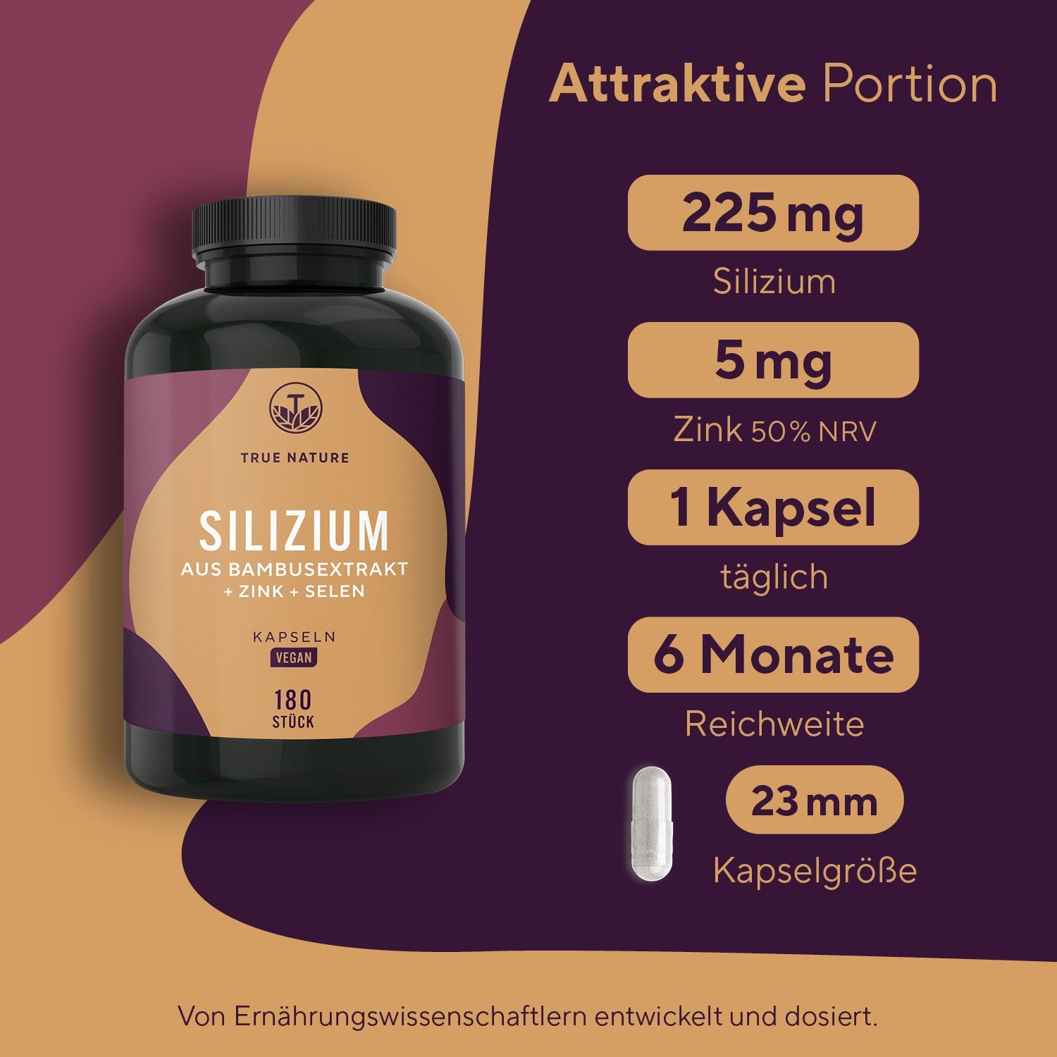 TRUE NATURE® Silizium Kapseln (aus Bambusextrakt + Zink + Selen)