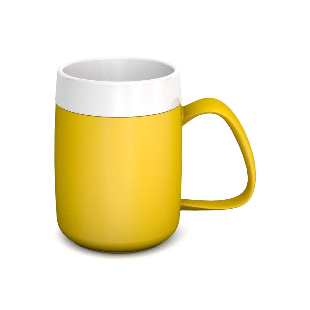 Gelber Becher mit großem Henkel und weißem Rand. Der Henkel ist gebogen. Innen weiß.