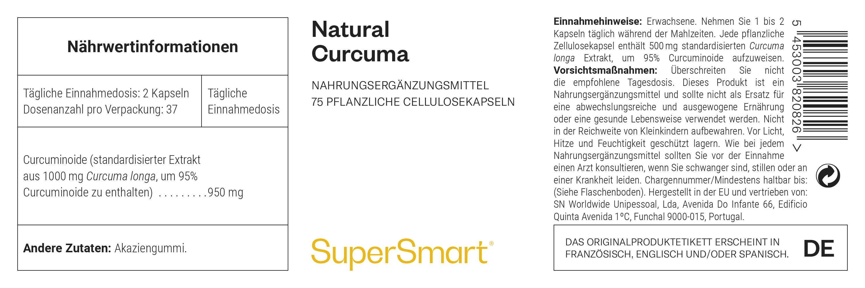 Etikett mit Produktinformationen. Enthält Natural Curcuma, 75 pflanzliche Zellulosekapseln. Marke: SuperSmart.