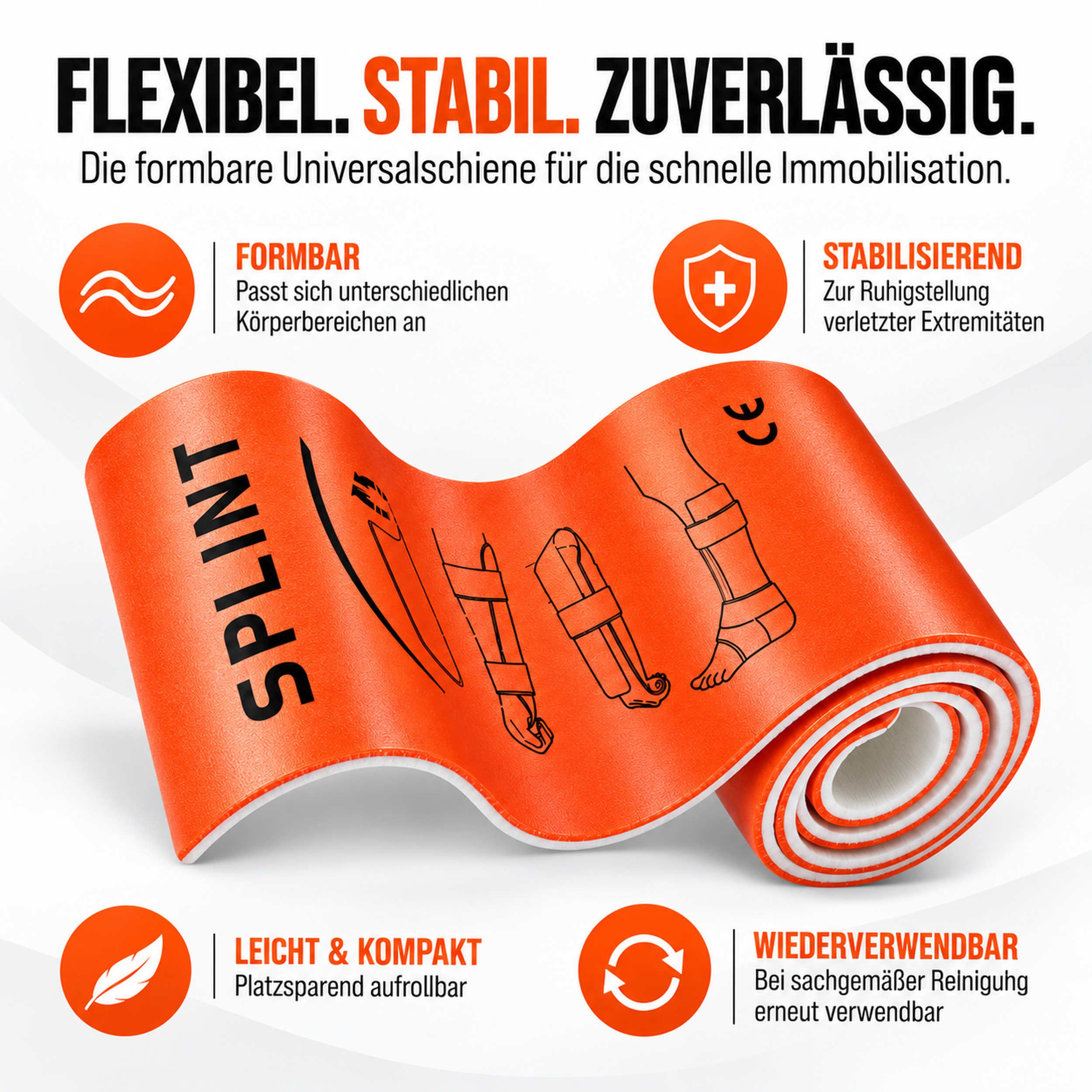 Flexible, stabile Pulox Splint Schiene: formbar, stabilisierend, leicht und kompakt, wiederverwendbar.
