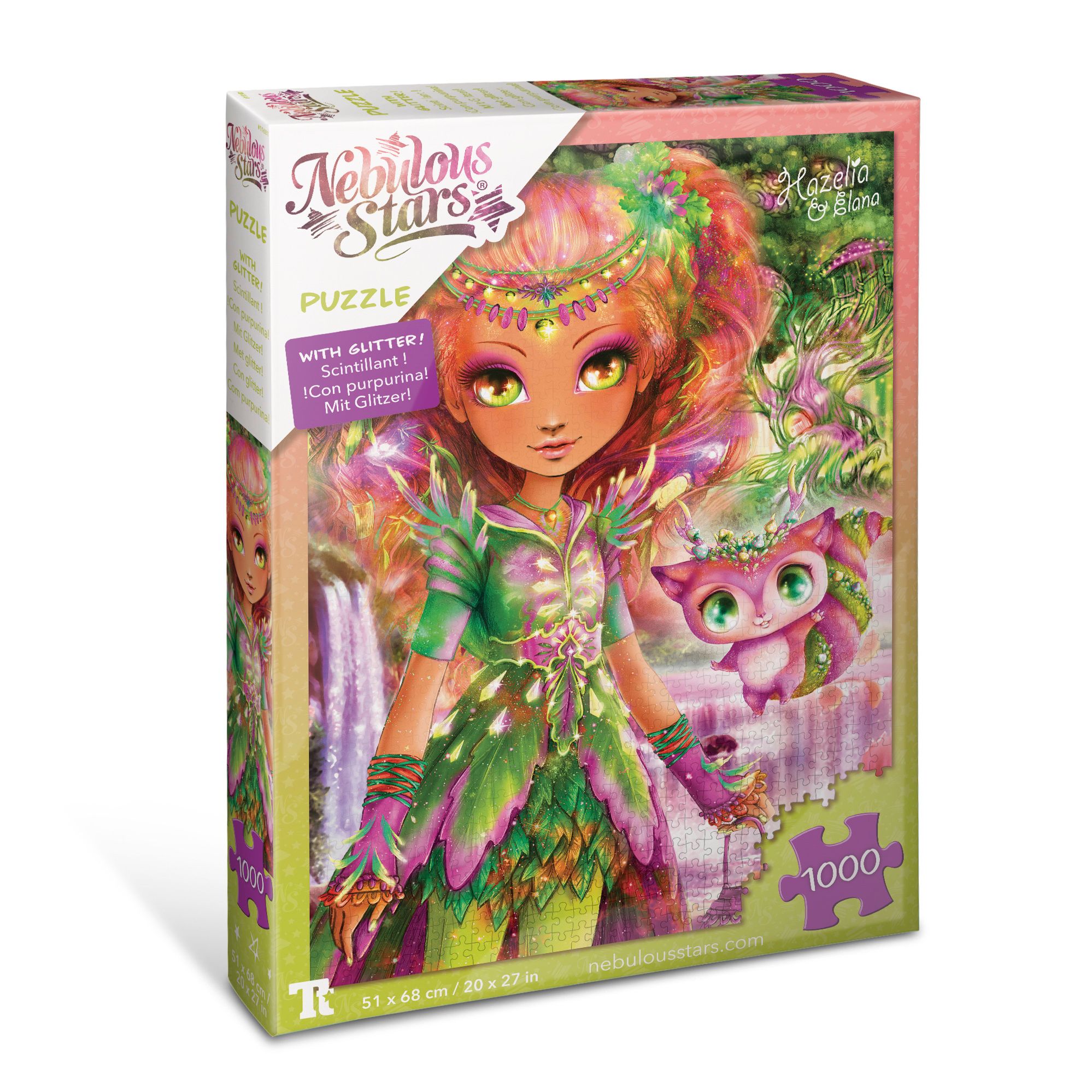 Puzzle-Box mit Hazelia-Illustration. Nebulous Stars-Logo. 1000 Teile. Mit Glitzer.