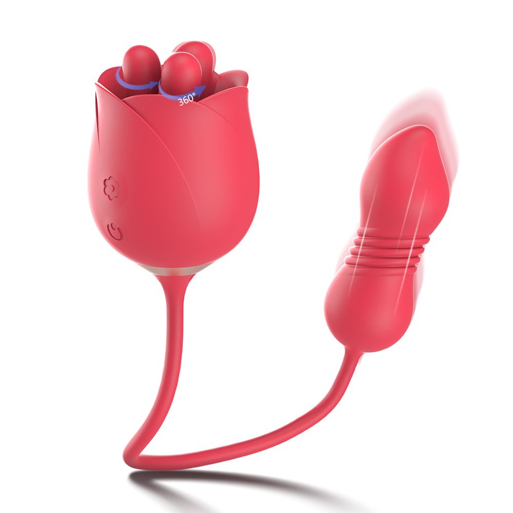 Roter Vibrator mit Rosenblüten-Design und Ei-Form. Die Rosenblüten sind beweglich.