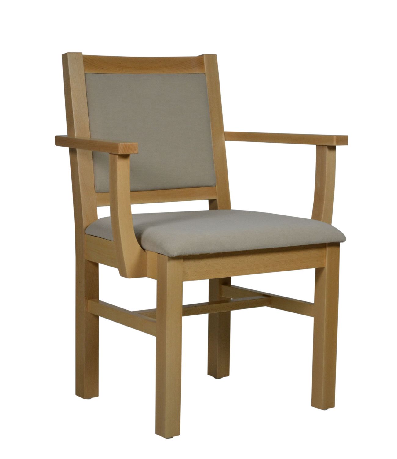 Stuhl mit Armlehnen, Holzrahmen, gepolsterte Sitzfläche und Rückenlehne. Beige Polsterung, hellbraunes Holz.