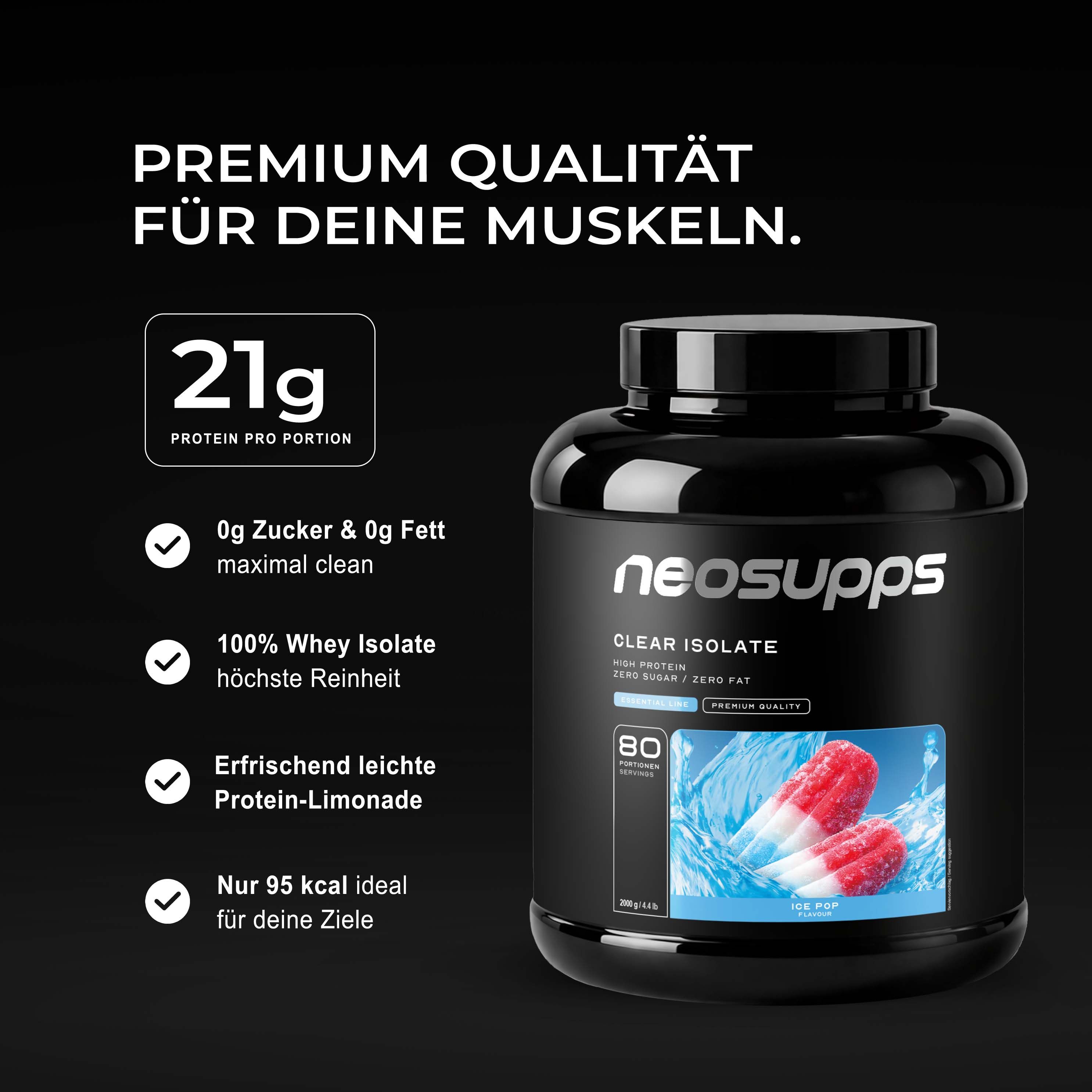 Neosupps Clear Isolate Protein Behälter mit Liste von Vorteilen und Nährwertangaben.