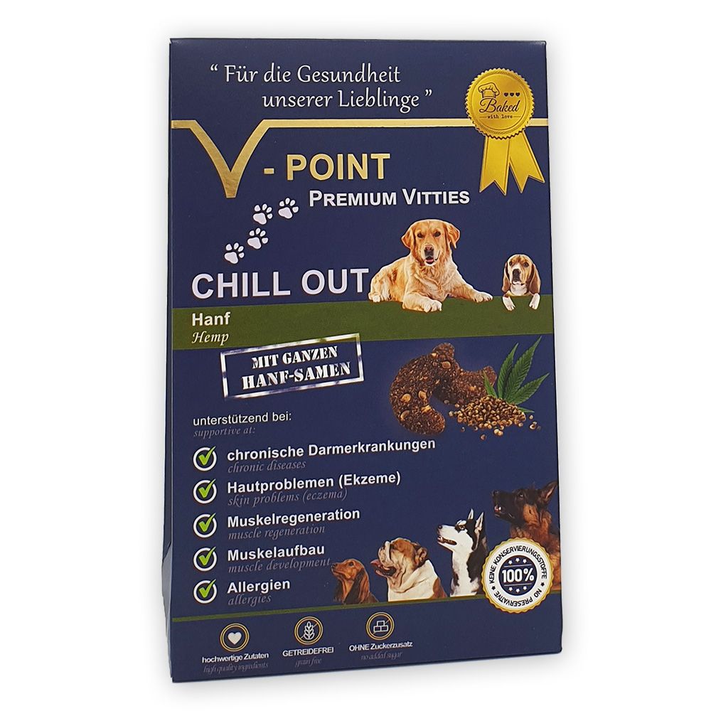 Verpackung von V-POINT® Premium Vitties - CHILL OUT mit Hanfsamen. Enthält Hanfsamen und ist für Hunde geeignet. Auf der Verpackung sind Hunde abgebildet.