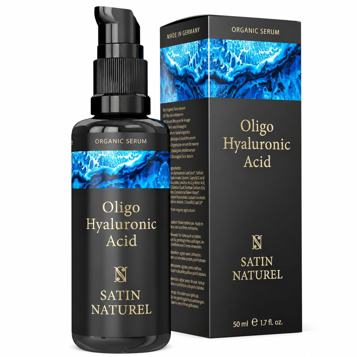 Satin Naturel Hyaluronsäure Serum Flasche und Verpackung, Made in Germany.