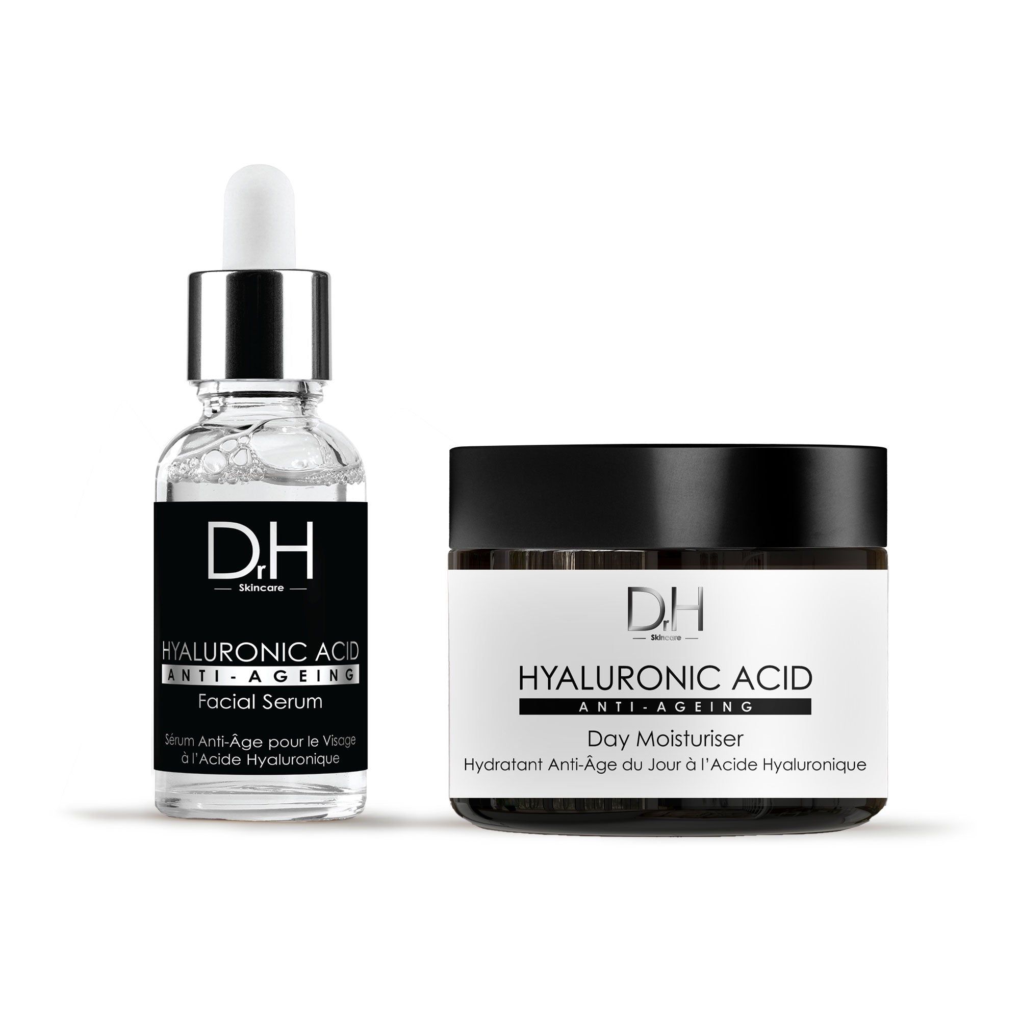 Gesichtsserum und Tagesfeuchtigkeitscreme. Serum mit Pipette, Creme im Tiegel. Beide mit Etiketten und Text: Hyaluronsäure, Anti-Aging.