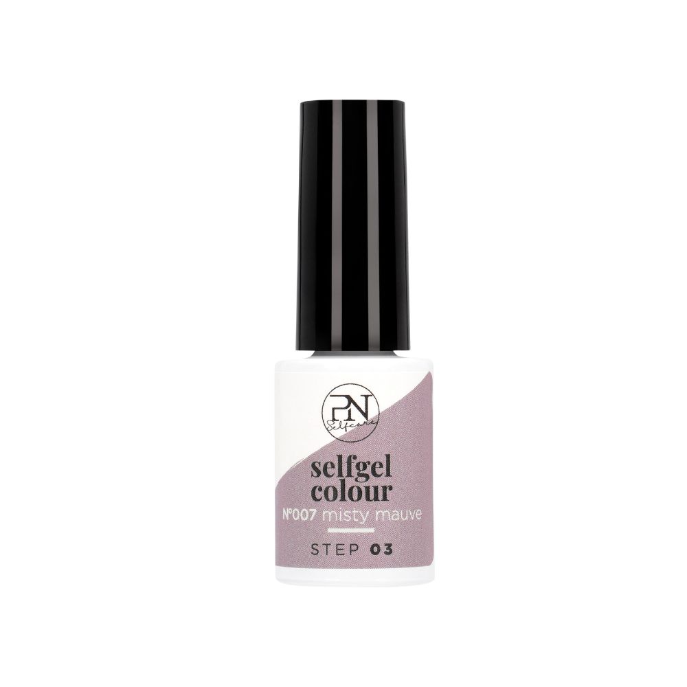 Nagellackflasche mit Produktinformationen. Farbe: Misty Mauve.