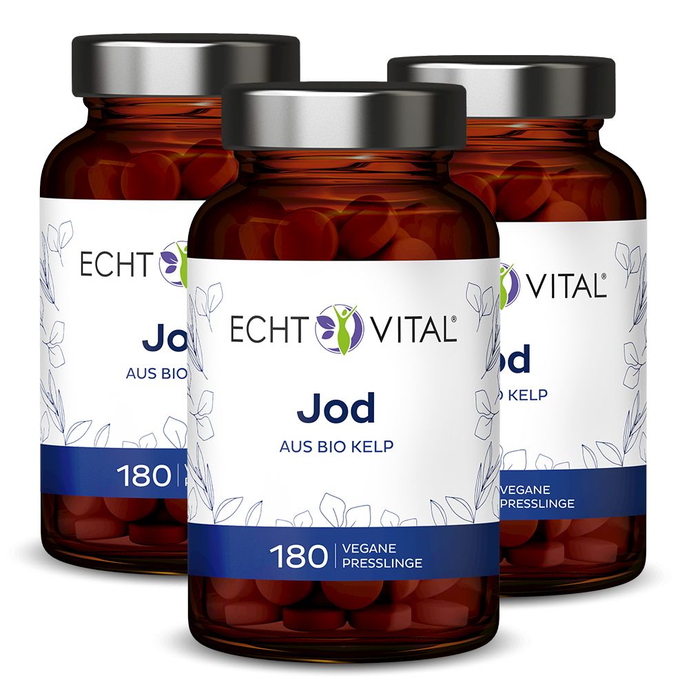 Drei braune Glasflaschen mit Kapseln. Aufschrift: Echt Vital Jod aus Bio Kelp. 180 vegane Presslinge.